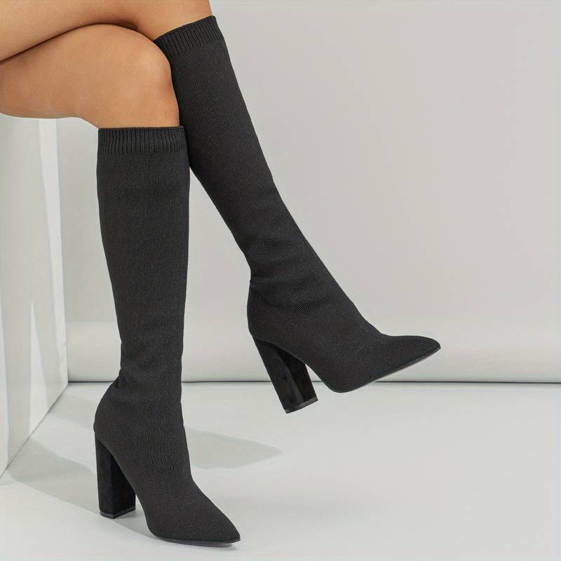 Pointed Toe Block Heel Knee-High Sock Boots for Women