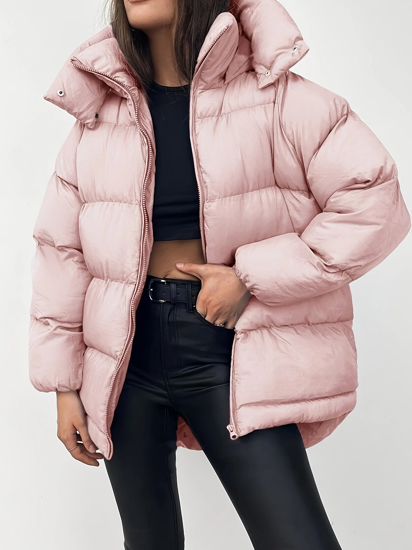 Women's Quilted Short Hooded Puffer Jacket with High Collar