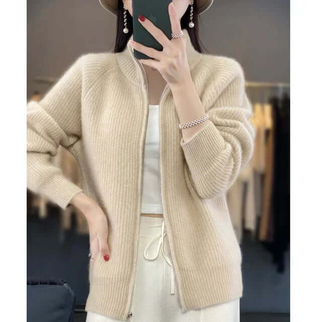 Women's High-Collar Long Sleeve Full-Zip Knit Cardigan
