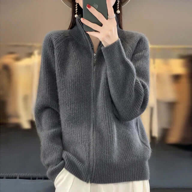 Women's High-Collar Long Sleeve Full-Zip Knit Cardigan