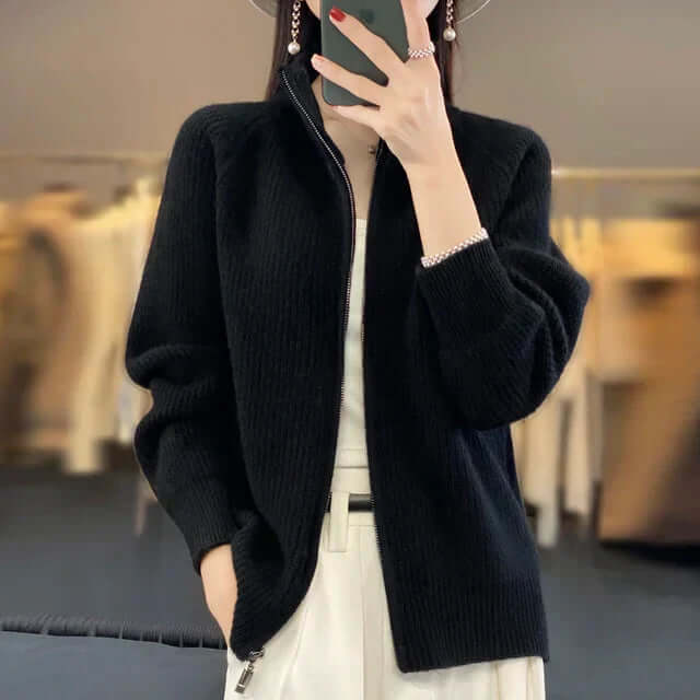 Women's High-Collar Long Sleeve Full-Zip Knit Cardigan