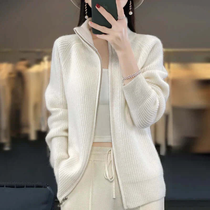 Women's High-Collar Long Sleeve Full-Zip Knit Cardigan