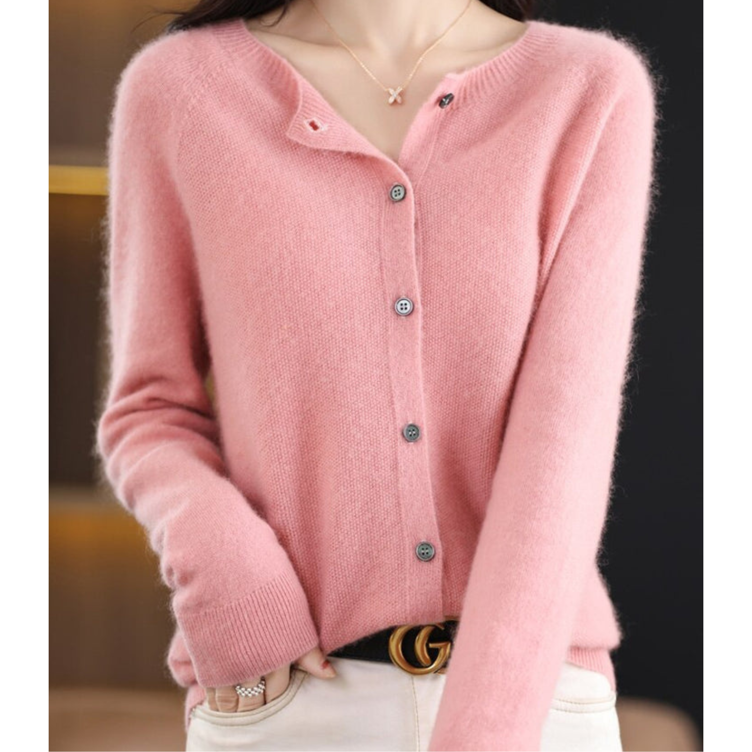 Round Neck Button-Up Soft Knit Cardigan for Women