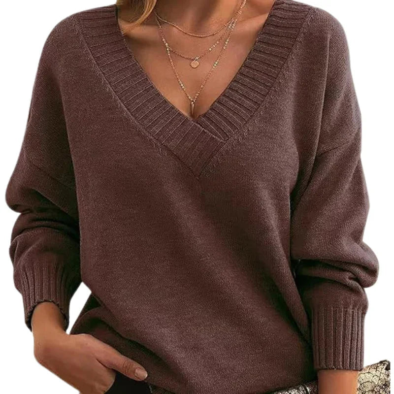 Relaxed Fit V-Neck Textured Knit Sweater for Women - Regular Length