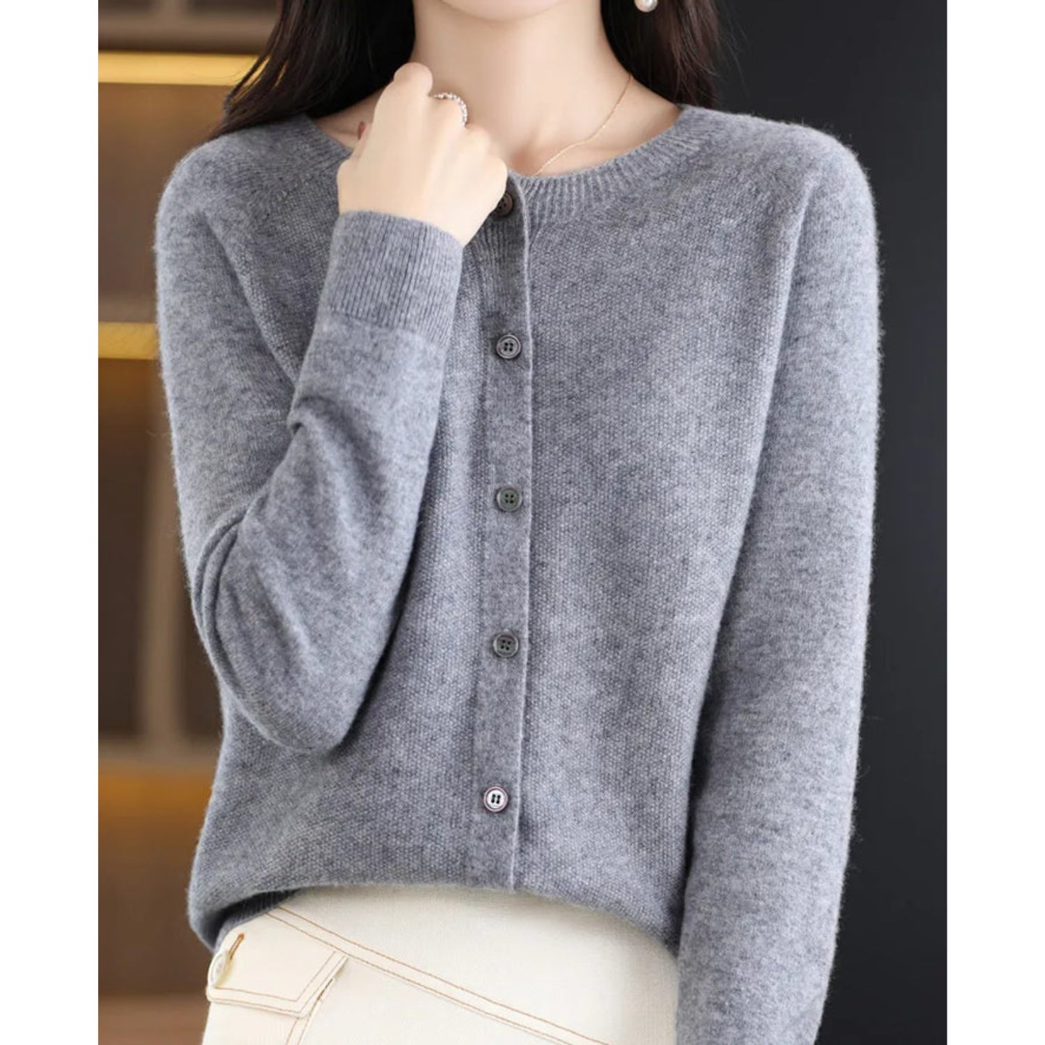 Round Neck Button-Up Soft Knit Cardigan for Women