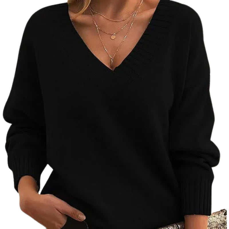 Relaxed Fit V-Neck Textured Knit Sweater for Women - Regular Length