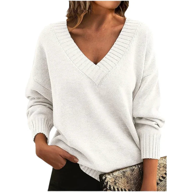 Relaxed Fit V-Neck Textured Knit Sweater for Women - Regular Length