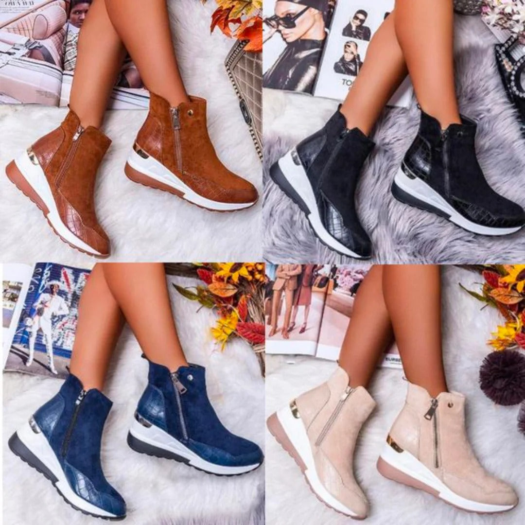Women's Mid-Calf Wedge Ankle Boots Featuring Side Zipper and Gold Accents