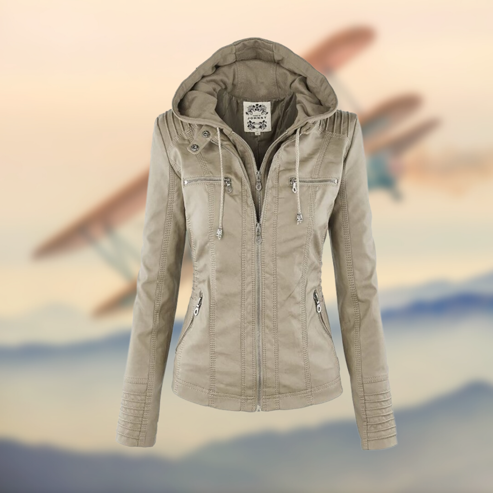 Women's Tailored Leather Jacket with Hood and Zipper Accents