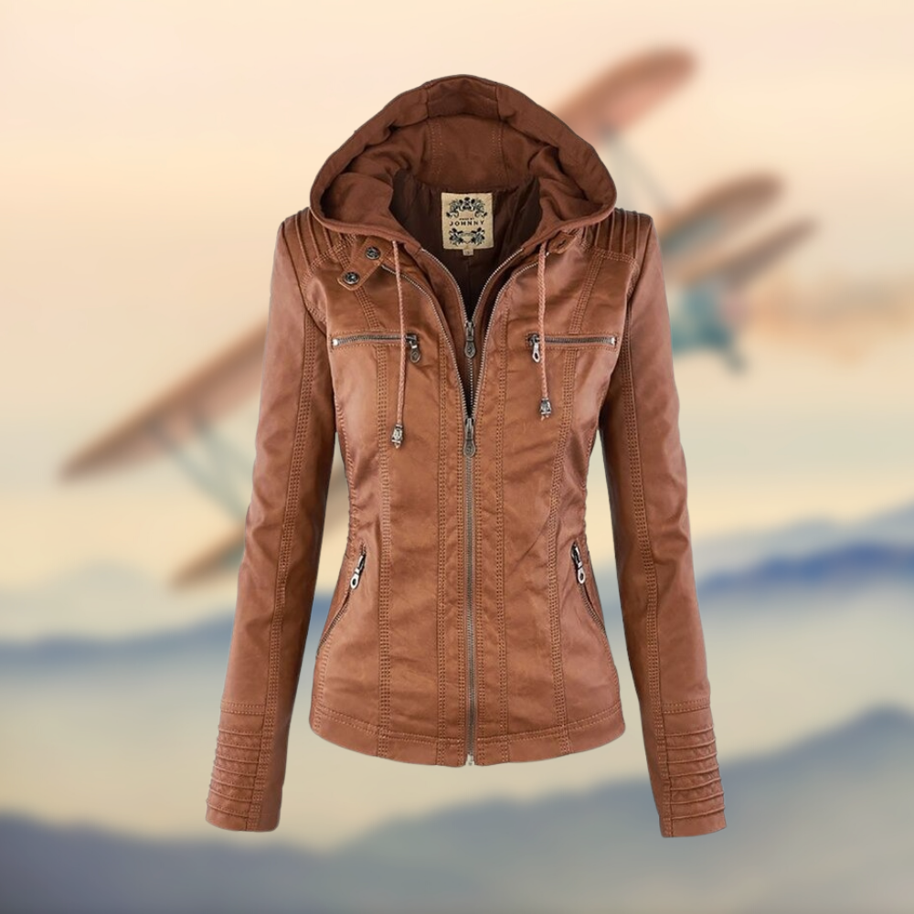 Women's Tailored Leather Jacket with Hood and Zipper Accents