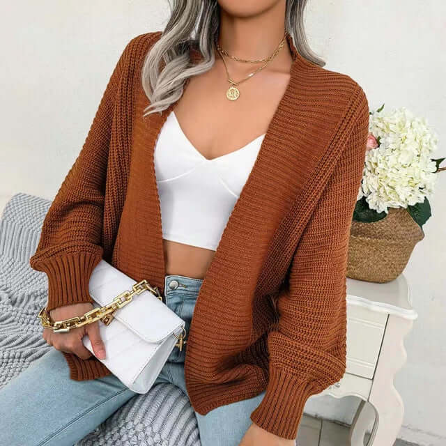 Relaxed Open-Front Long-Sleeve Knit Cardigan for Women