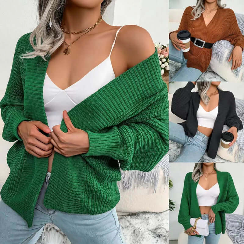 Relaxed Open-Front Long-Sleeve Knit Cardigan for Women