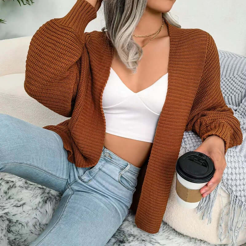 Relaxed Open-Front Long-Sleeve Knit Cardigan for Women