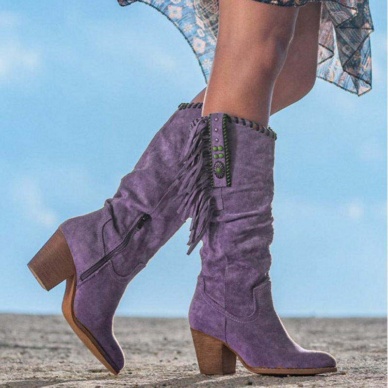 Fringe-Trimmed Knee-High Cowboy Boots for Women with Block Heels