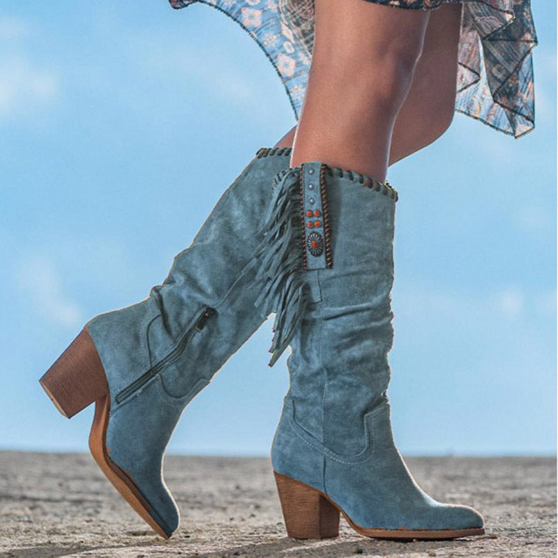 Fringe-Trimmed Knee-High Cowboy Boots for Women with Block Heels