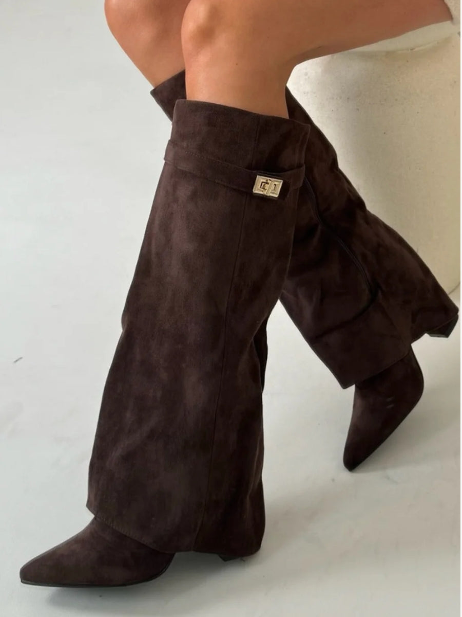 Wide Flare Top Knee High Boots for Women with Block Heel