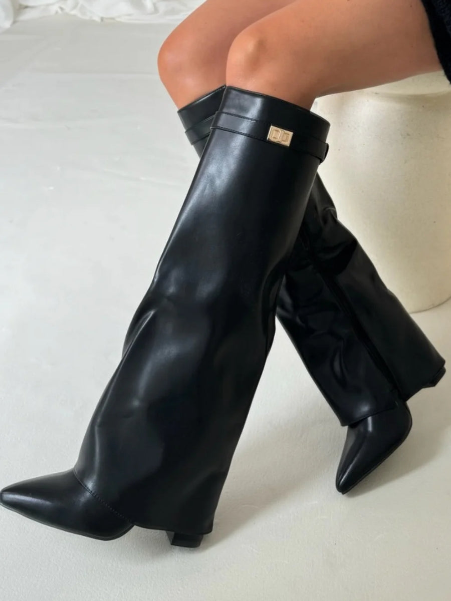Wide Flare Top Knee High Boots for Women with Block Heel