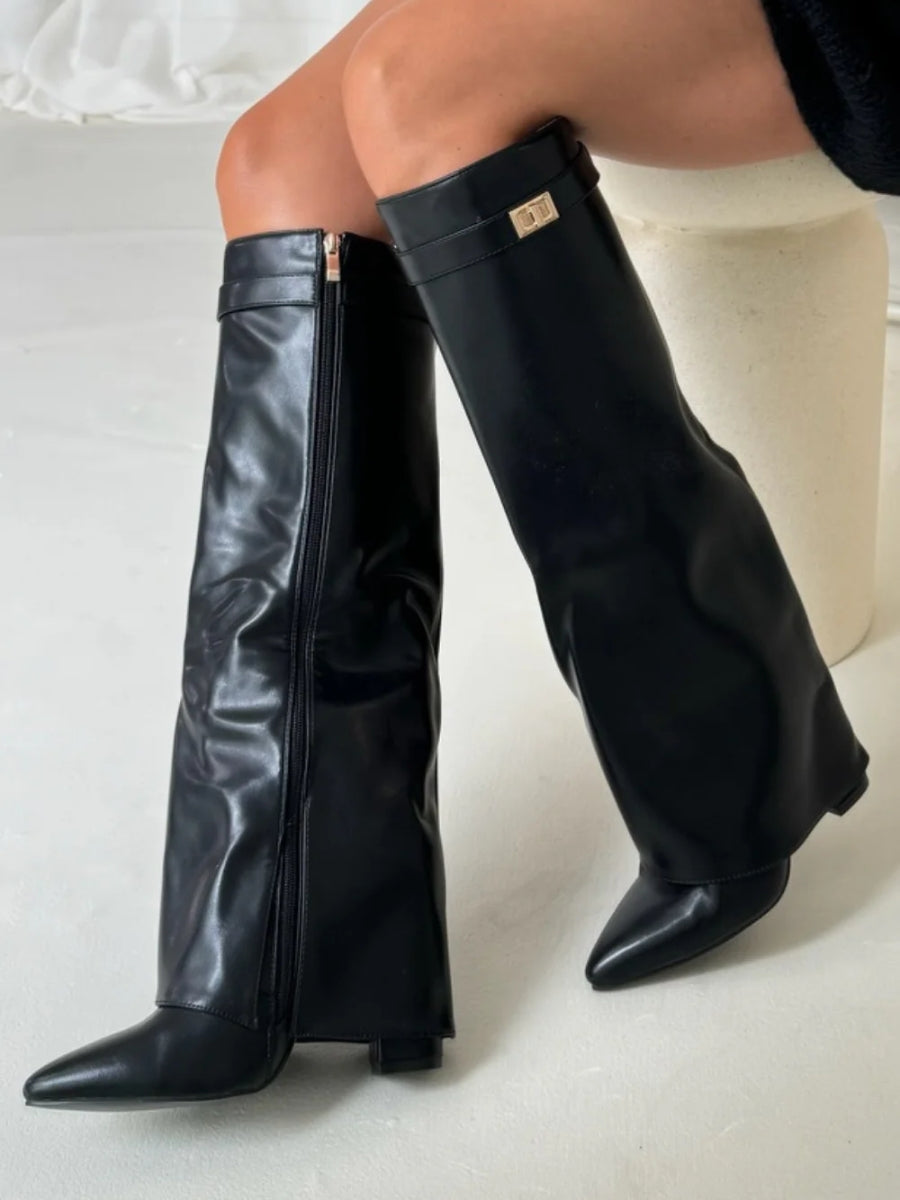 Wide Flare Top Knee High Boots for Women with Block Heel