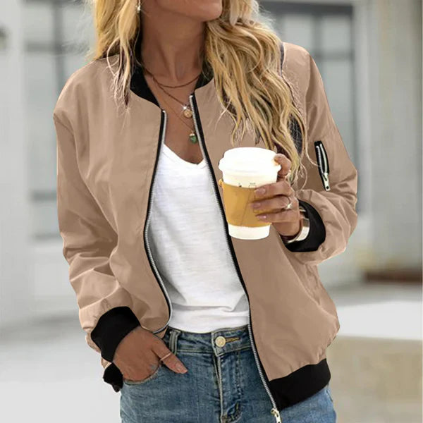 Women's Bomber Jacket with Zip-Up Closure and Utility Sleeve Pocket