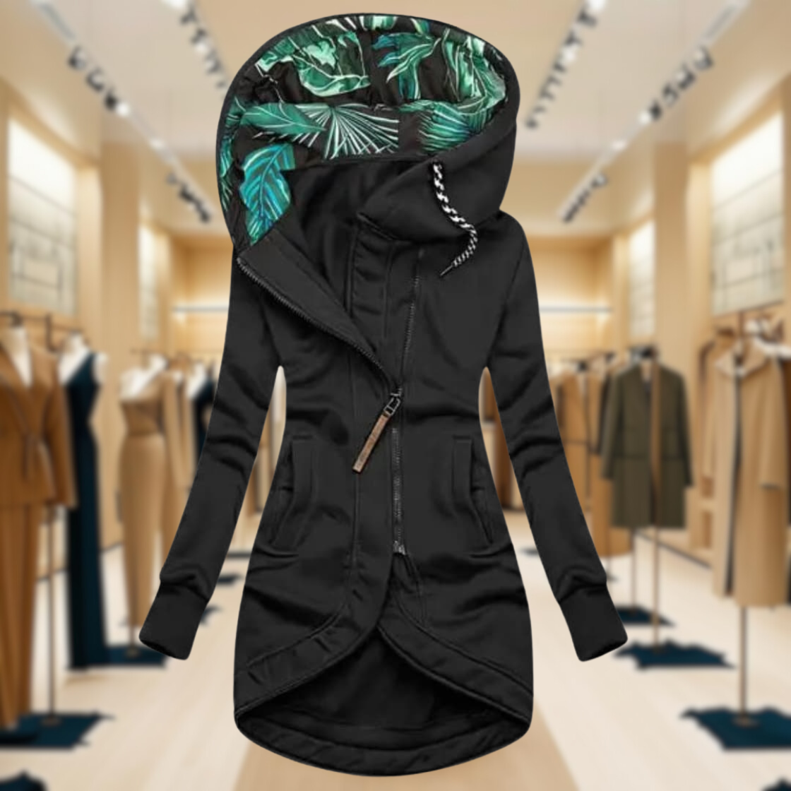 Women's Hooded Lightweight Rain Jacket with Asymmetric Zipper