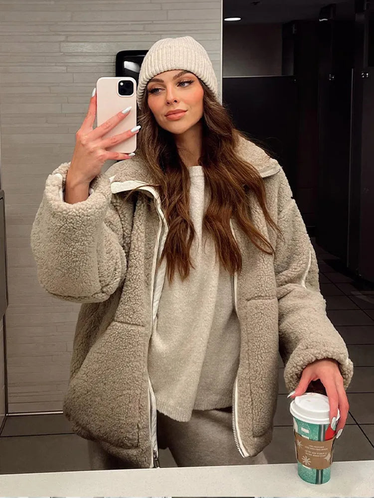 Women's Fleece Jacket with High Collar and Zipper Front - Oversized Fit
