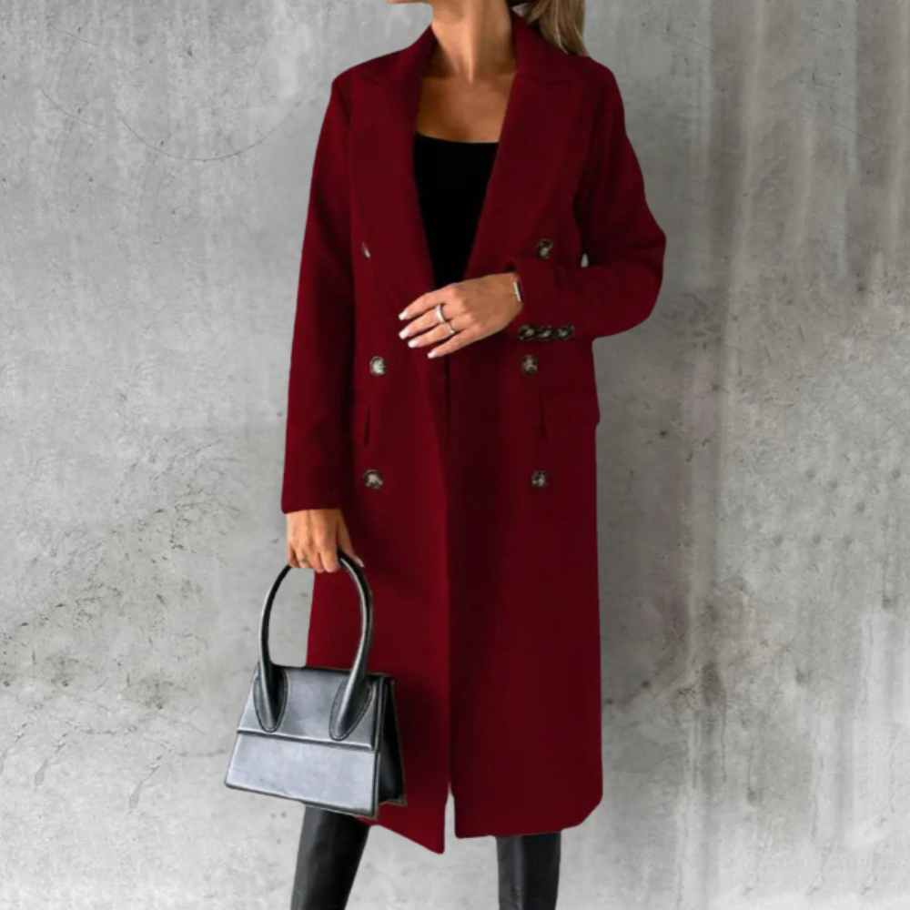 Double-Breasted Long Trench Coat for Women with Buttoned Cuffs