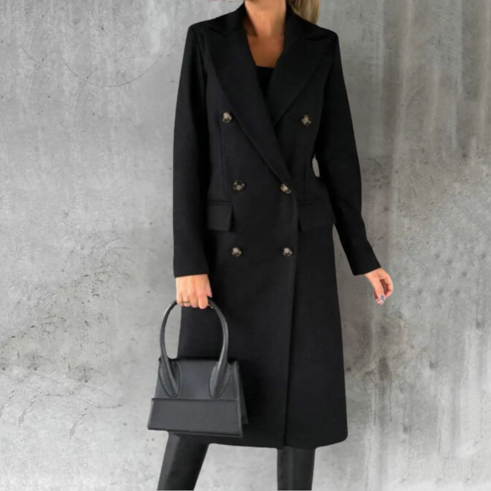 Double-Breasted Long Trench Coat for Women with Buttoned Cuffs