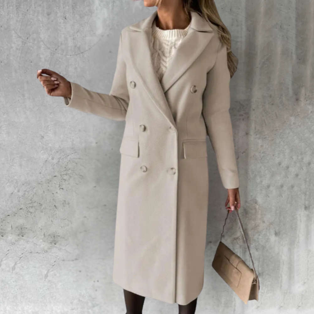 Double-Breasted Long Trench Coat for Women with Buttoned Cuffs