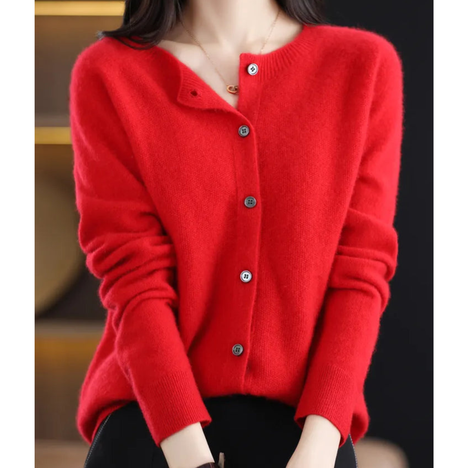 Round Neck Button-Up Soft Knit Cardigan for Women