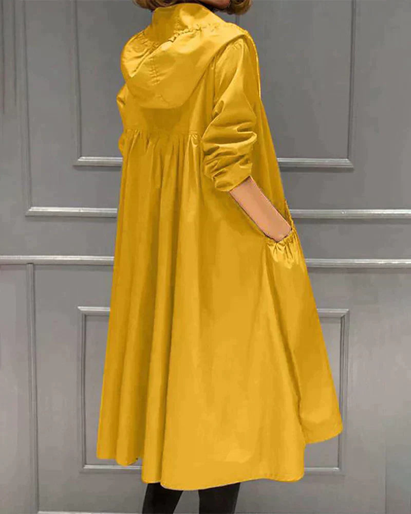 Women's Long Hooded Raincoat with Waterproof and Weatherproof Features and Zipper