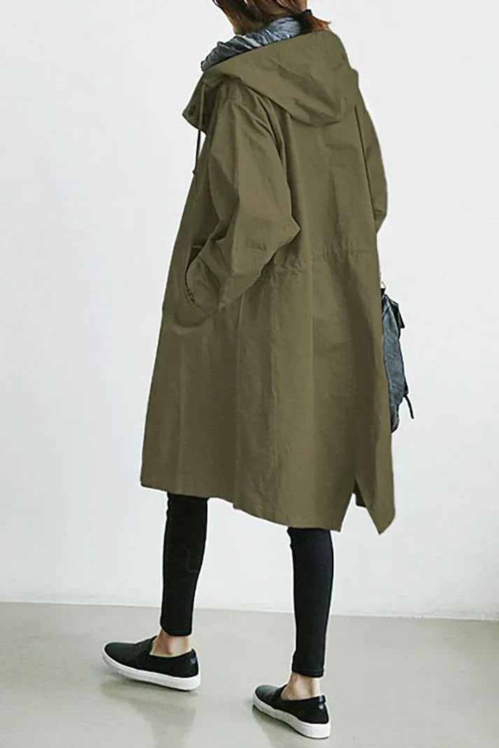 Women's Hooded Oversized Trench Coat with Button Closure and Pockets