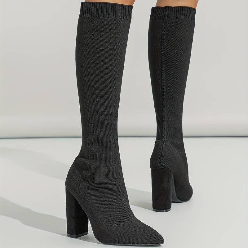 Pointed Toe Block Heel Knee-High Sock Boots for Women