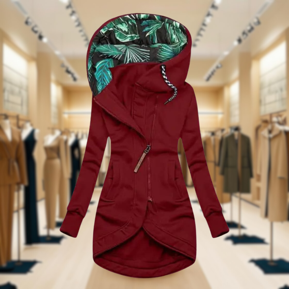Women's Hooded Lightweight Rain Jacket with Asymmetric Zipper