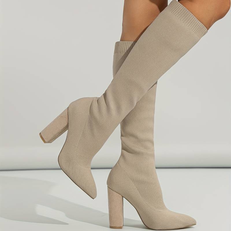 Pointed Toe Block Heel Knee-High Sock Boots for Women