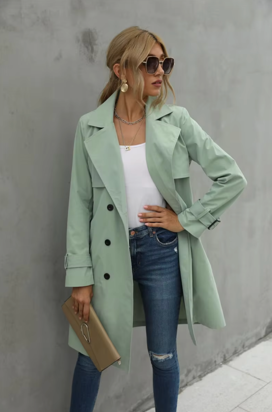 Double-Breasted Front Classic Trench Coat for Women