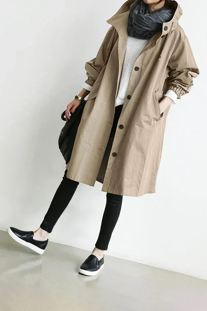 Women's Hooded Oversized Trench Coat with Button Closure and Pockets