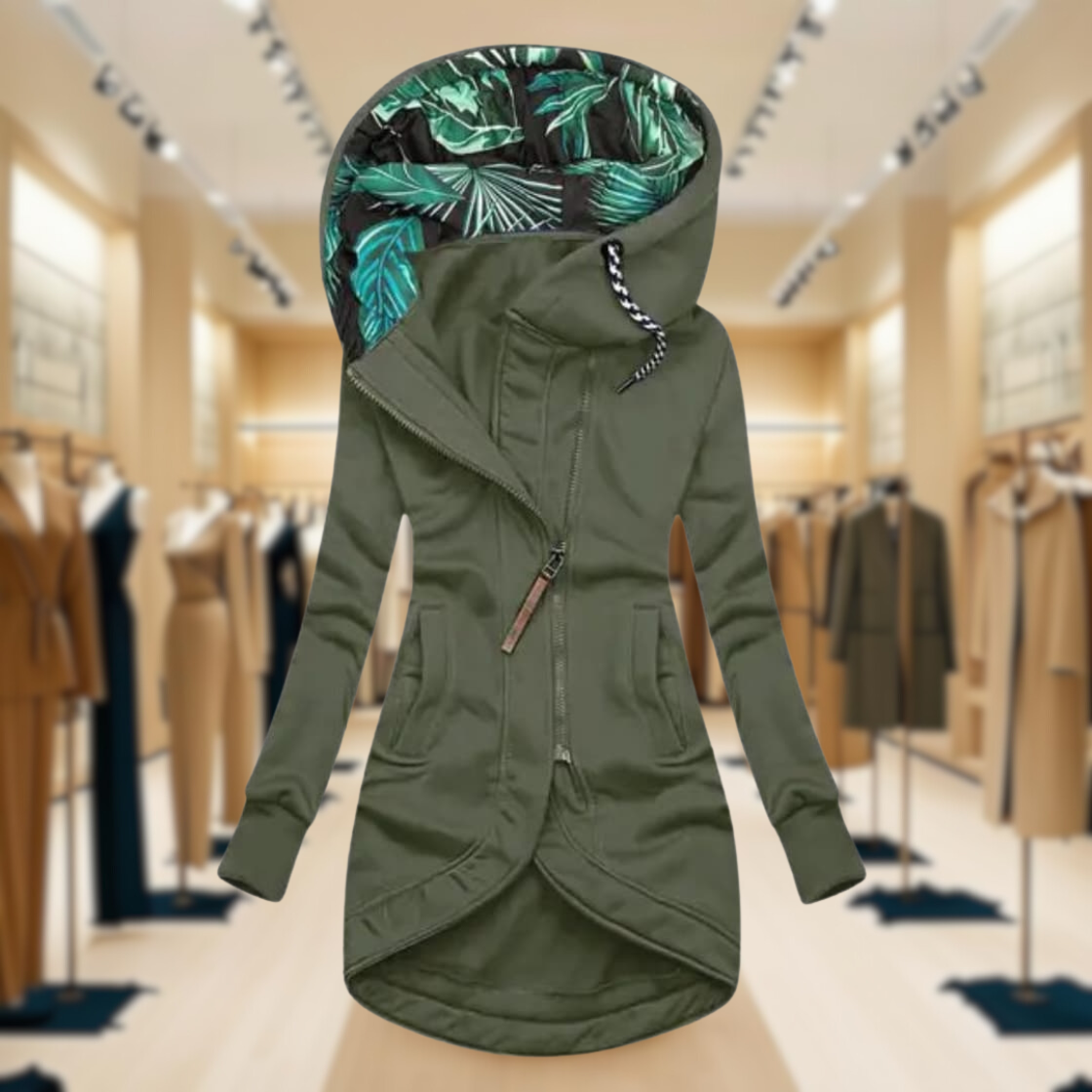 Women's Hooded Lightweight Rain Jacket with Asymmetric Zipper