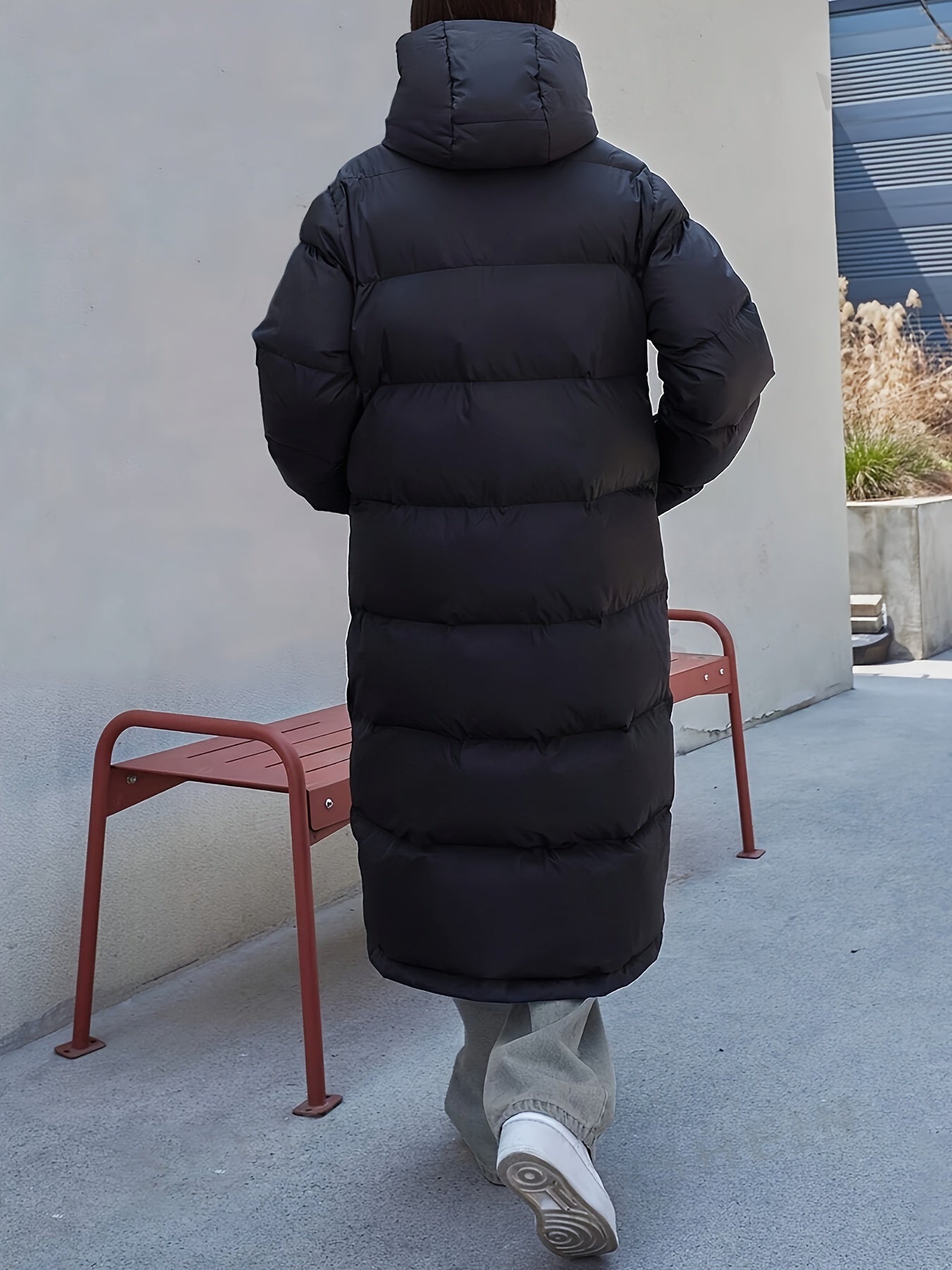 Women's Full-Length Quilted Black Puffer Jacket with Hood
