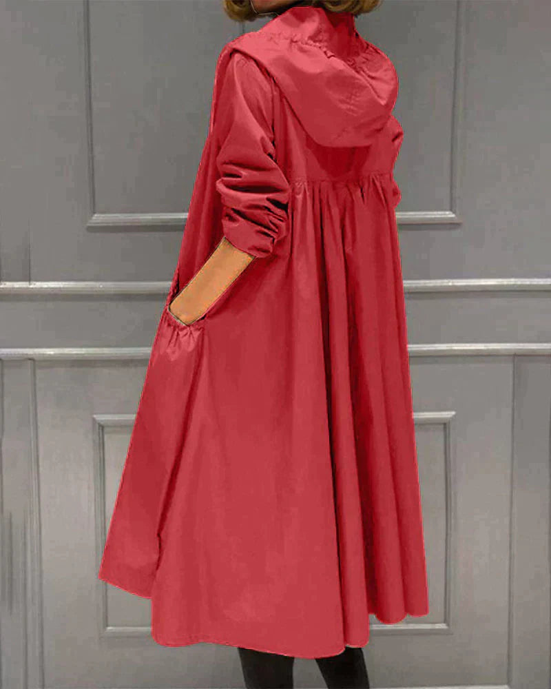 Women's Long Hooded Raincoat with Waterproof and Weatherproof Features and Zipper