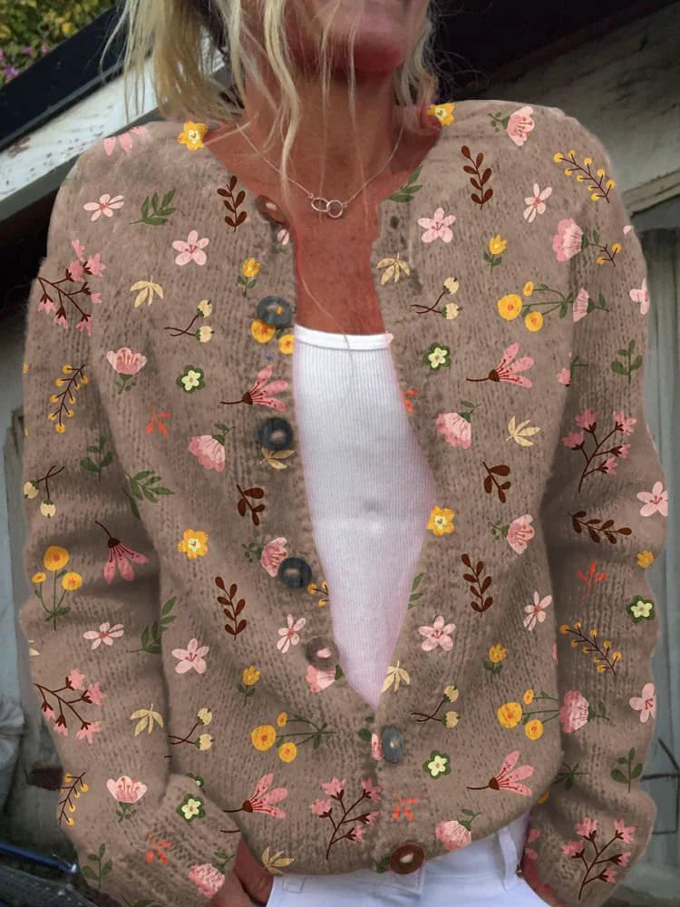 Floral Knit Cardigan for Women with Crew Neck and Button Fastening