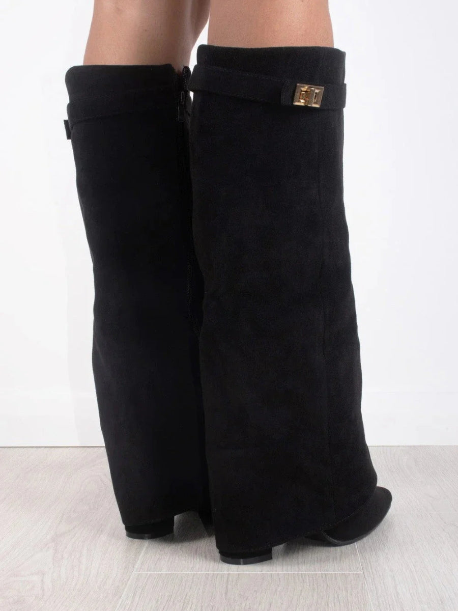 Wide Flare Top Knee High Boots for Women with Block Heel