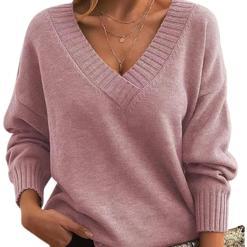 Relaxed Fit V-Neck Textured Knit Sweater for Women - Regular Length