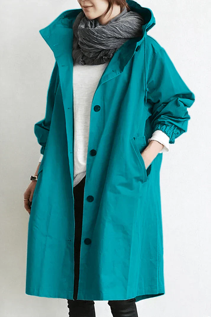 Women's Hooded Oversized Trench Coat with Button Closure and Pockets