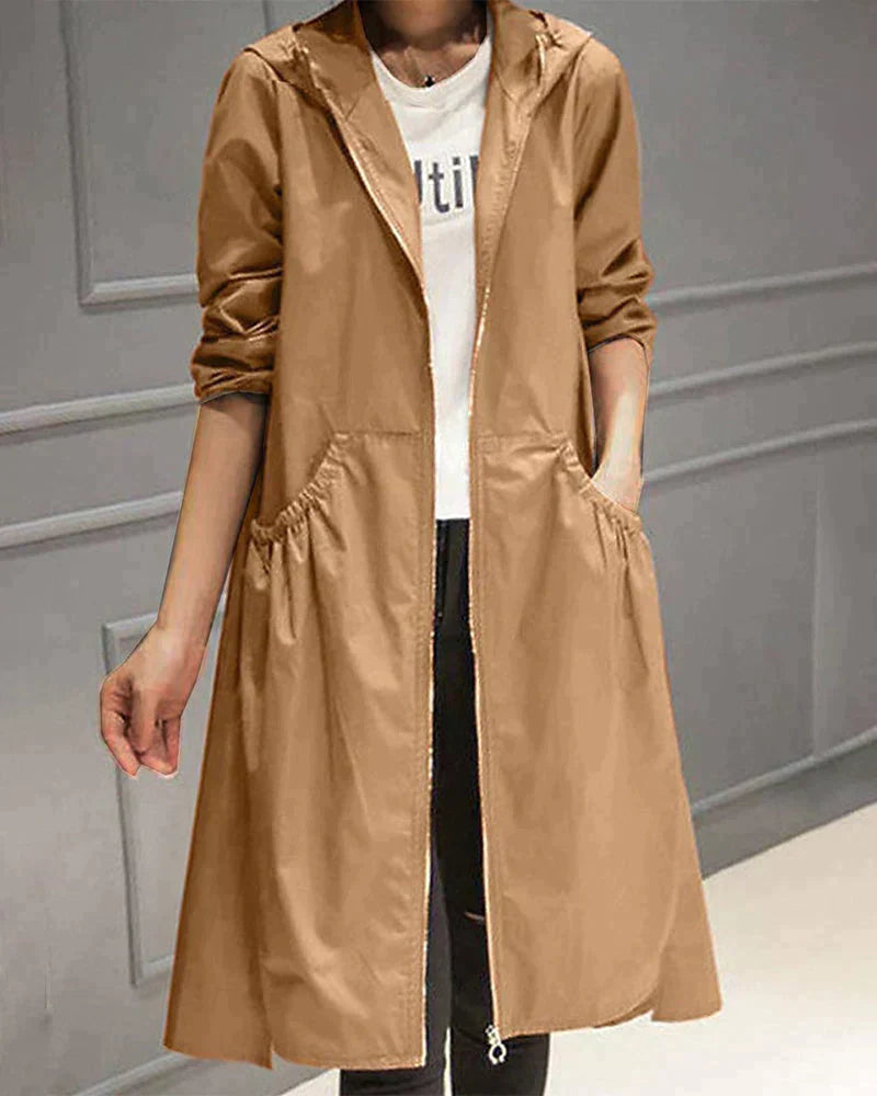 Women's Long Hooded Raincoat with Waterproof and Weatherproof Features and Zipper