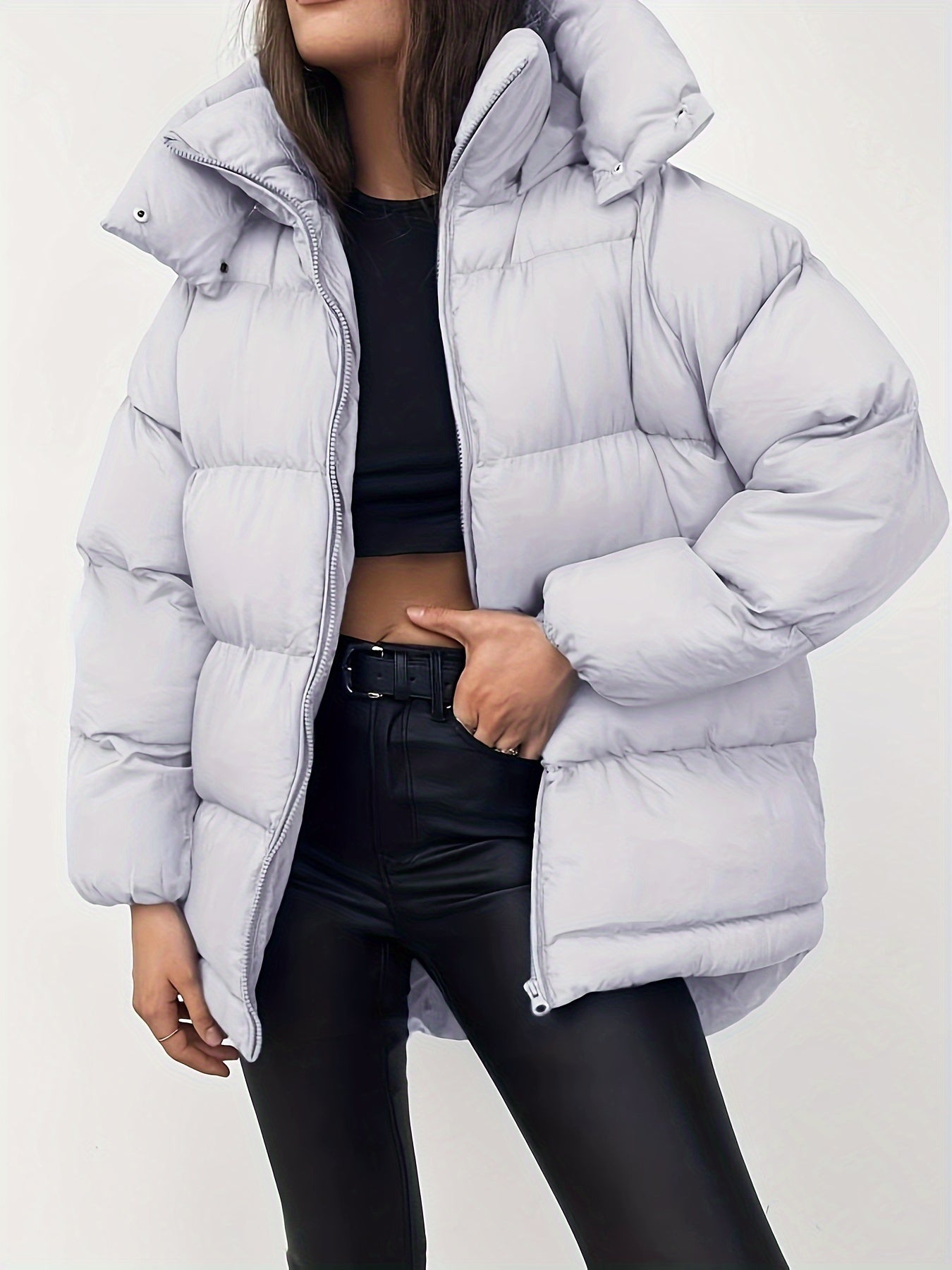 Women's Quilted Short Hooded Puffer Jacket with High Collar