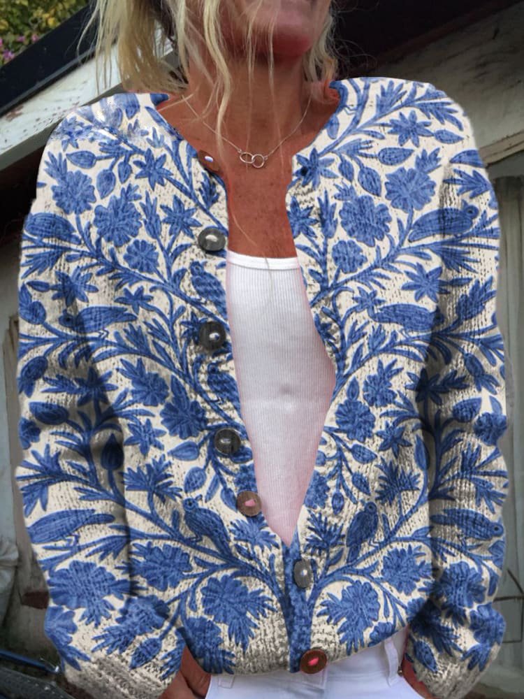 Floral Knit Cardigan for Women with Crew Neck and Button Fastening