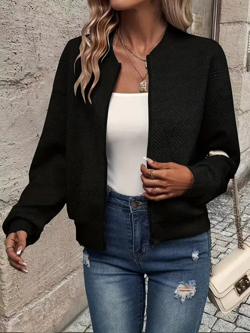 Textured Zip-Up Cardigan for Women with Ribbed Hem and Long Sleeves