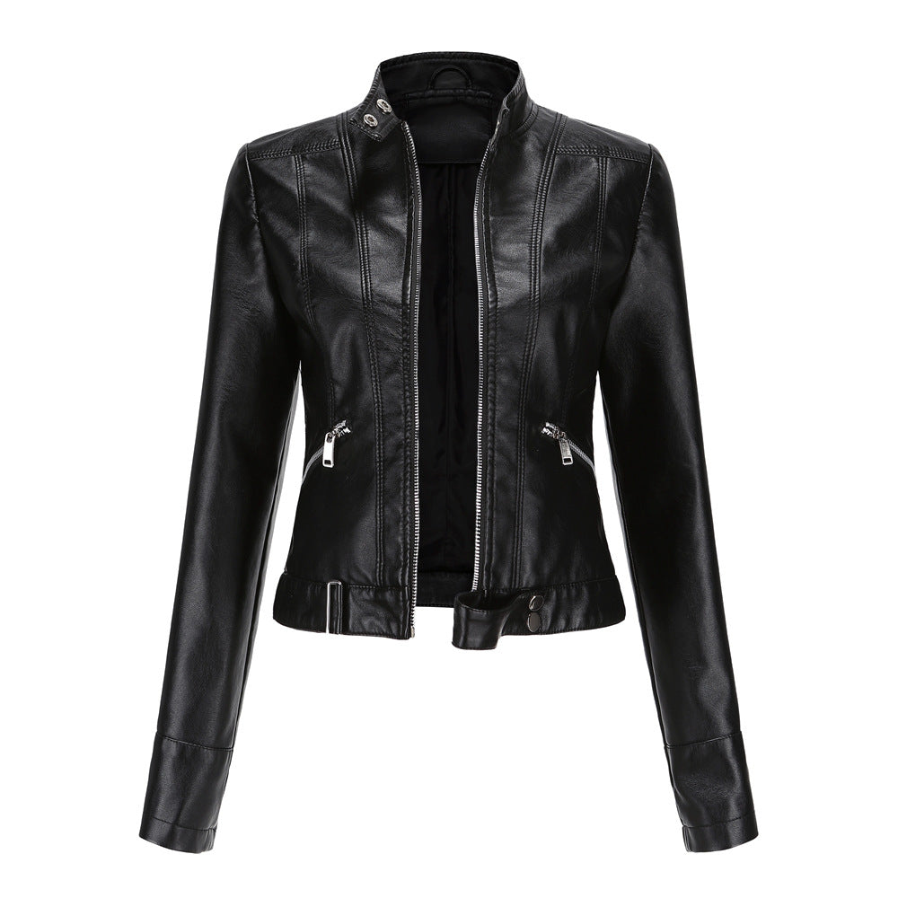 High Collar Women's Leather Jacket with Zip Closure and Belt