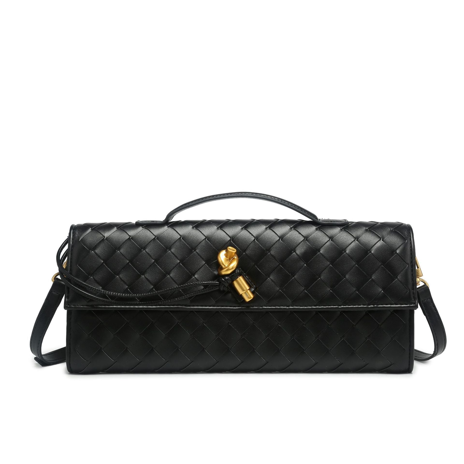 Women's Woven Shoulder Bag with Top Handle and Flap Closure