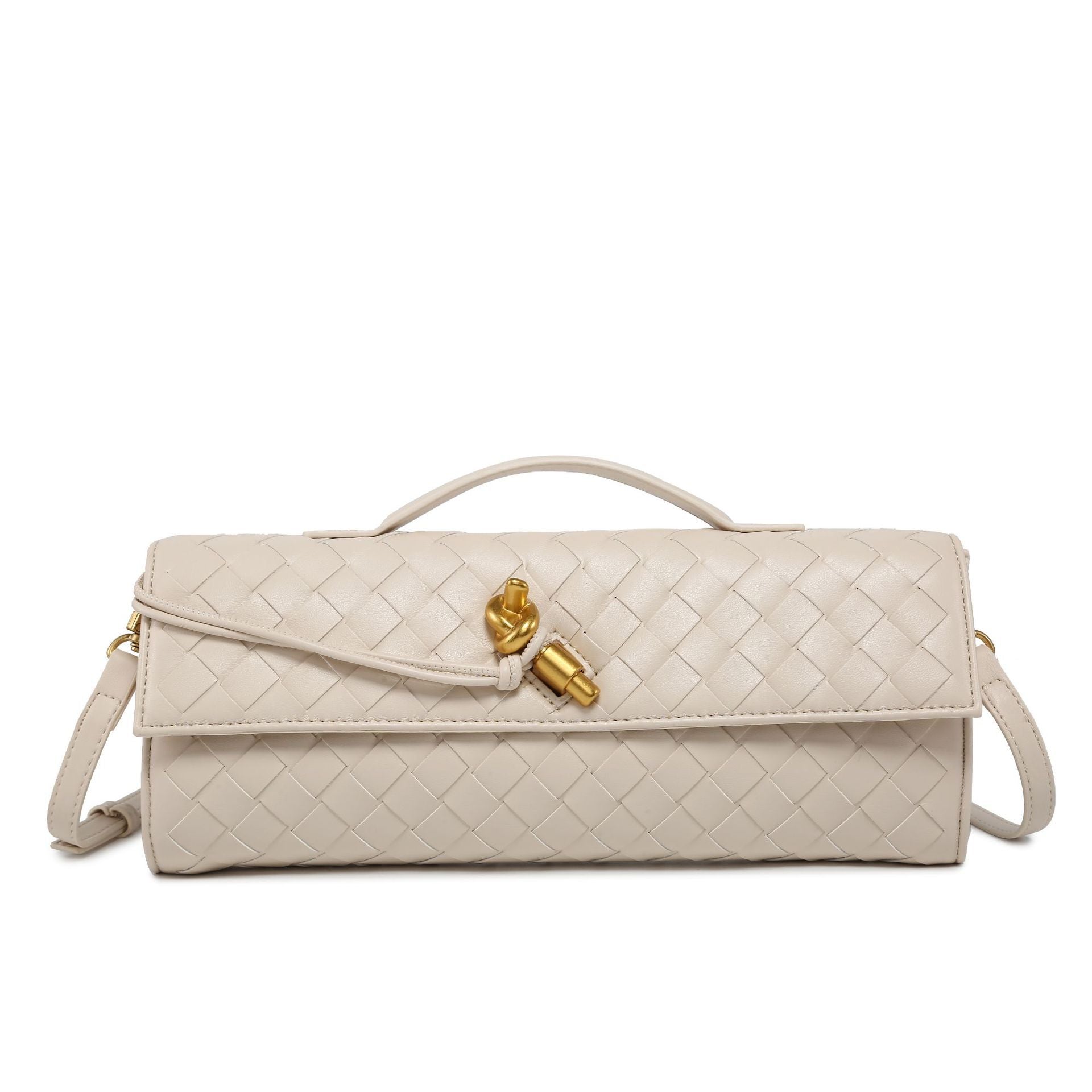 Women's Woven Shoulder Bag with Top Handle and Flap Closure
